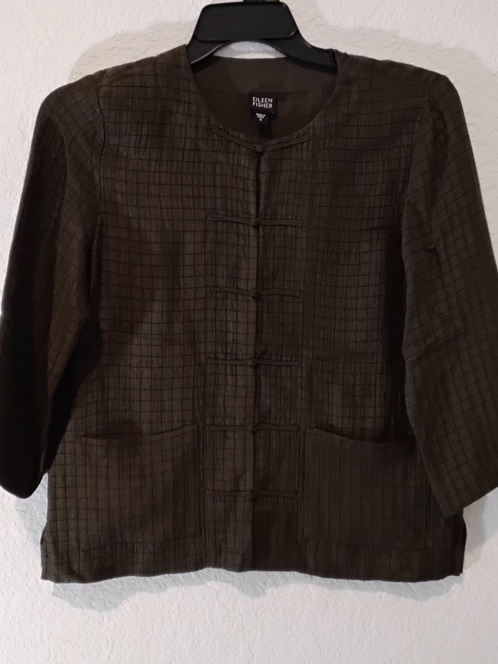 Eileen Fisher Silk Linen Olive Brownish Grid Textured Toggle Jacket Size Small